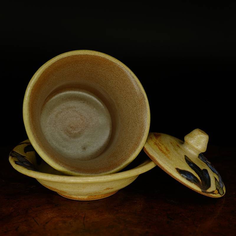 龙圣华苑 台湾大肚窑手绘粗陶盖碗 台湾名家彩绘堆釉三才杯茶道具