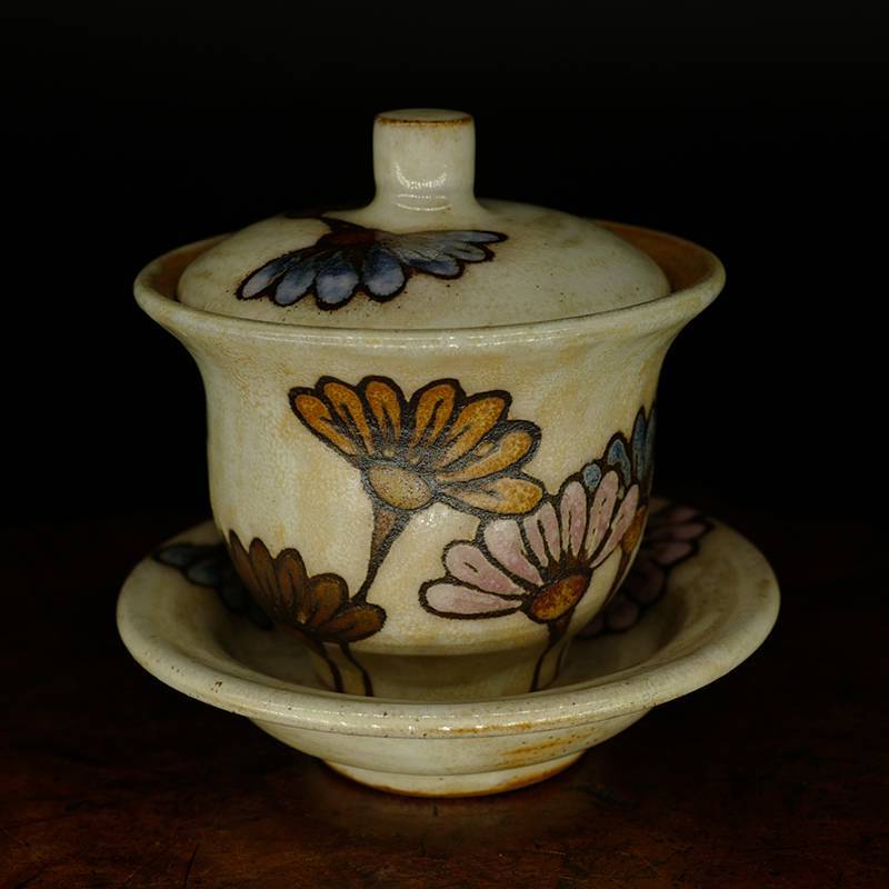 龙圣华苑 台湾大肚窑盖碗 名家手绘堆釉陶瓷盖碗 田园风彩绘三才杯