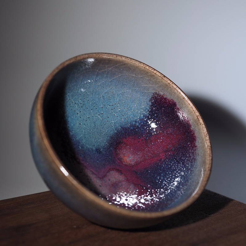 传老王铮钧釉小神仙窑手工制高温窑变天蓝紫斑aa级名家开片主人杯