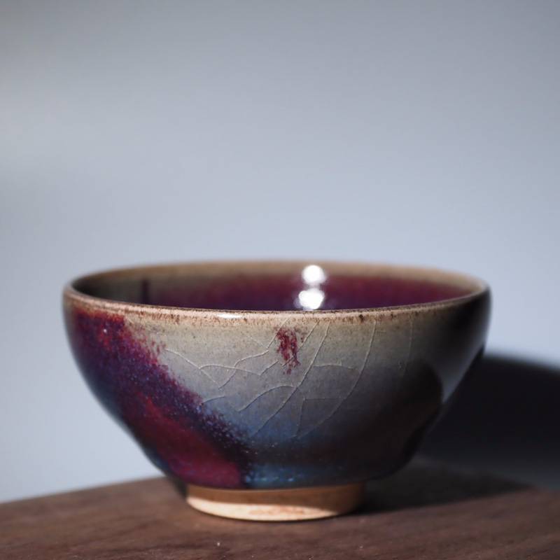 传老王铮小神仙窑钧釉茶杯天蓝紫斑AA级窑变开片品杯名家主人杯