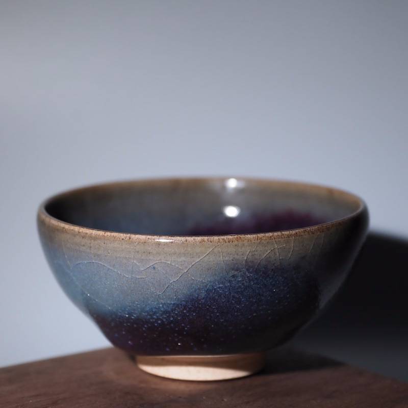 传老王铮钧釉小神仙窑手工天蓝紫斑AA级茶杯个人主人开片品杯