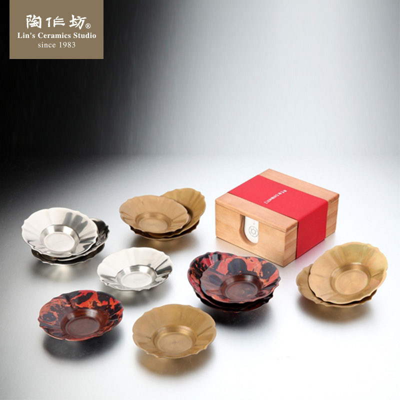 陶作坊台湾手工茶道茶具配件樱花 花绽金属茶托红铜杯垫 创意