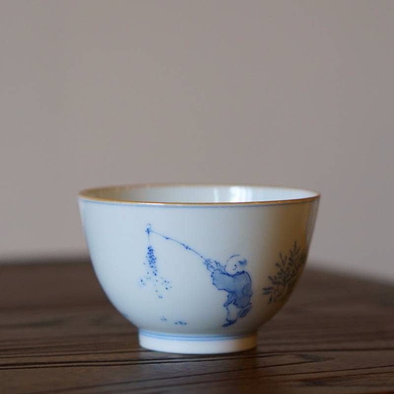 传老景德镇窑谷雨山房手工手绘青花竹报平安罗汉杯品茶杯主人杯
