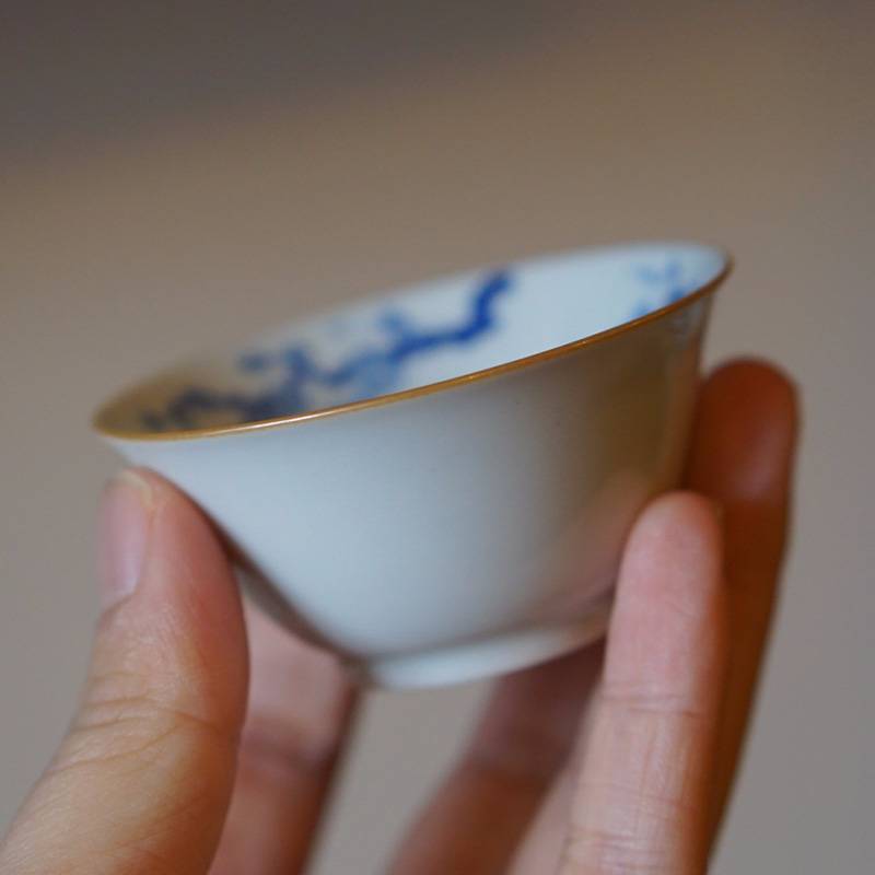 传老景德镇谷雨山房手工手绘青花岁寒三友小品杯瓷制紫金口茶杯