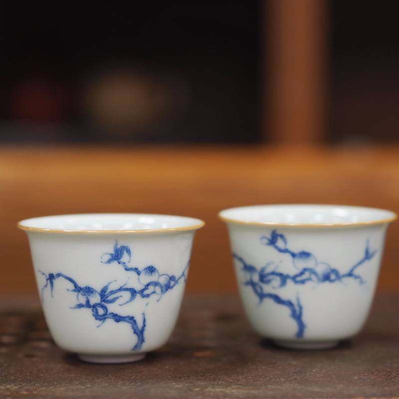 传老景德镇谷雨山房青花系列福寿图奇古杯纯手工手绘寿桃小品杯
