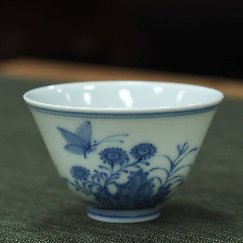 传老景德镇陶人临古手工手绘青花三秋杯蝶恋花主人杯薄胎茶杯