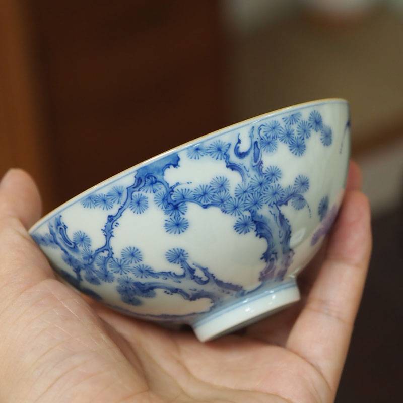 传老景德镇谷雨山房青花松虬图沧海杯手工手绘主人大茶杯单杯