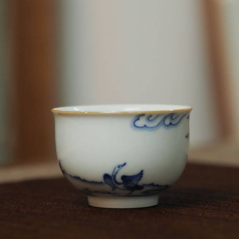 传老景德镇谷雨山房青花芦雁图凝露杯手工手绘小茶杯主人杯