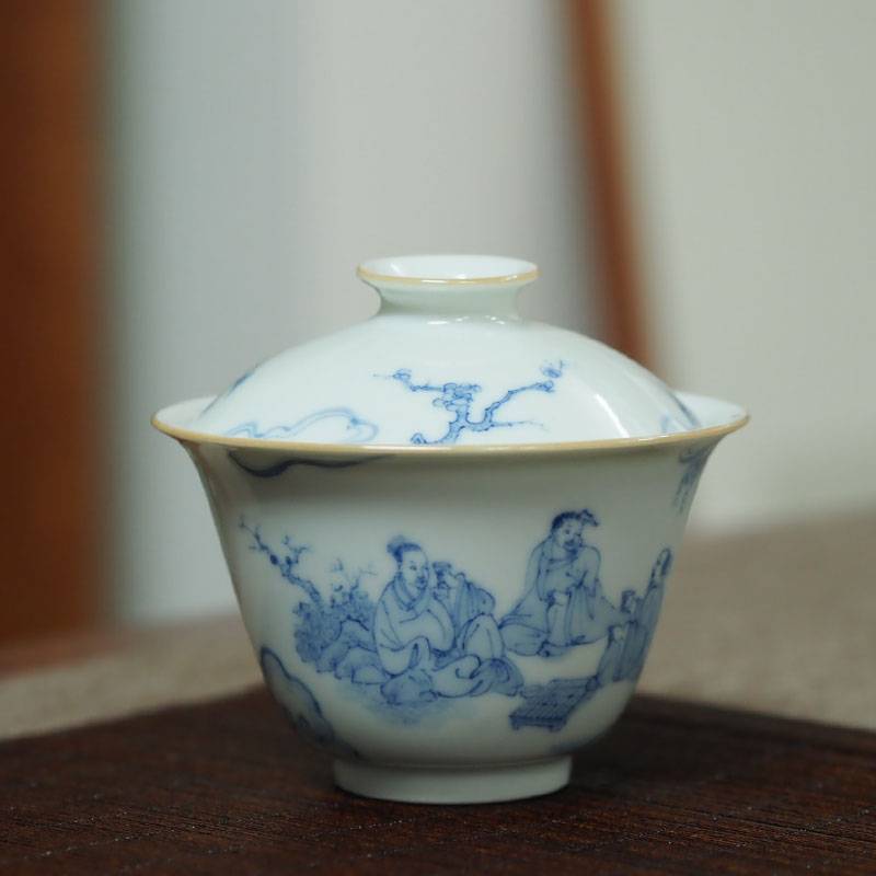 传老景德镇谷雨山房青花观棋图金兰盖碗手工手绘二才盖杯不烫手