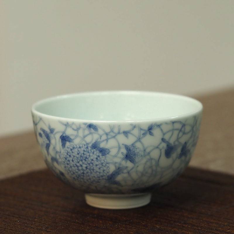 传老景德镇谷雨山房青花手绘缠枝万花景福杯陶瓷手工主人杯