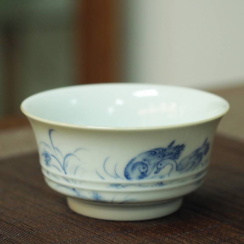 传老景德镇谷雨山房青花芦燕图双线马蹄杯手工手绘陶瓷主人茶杯