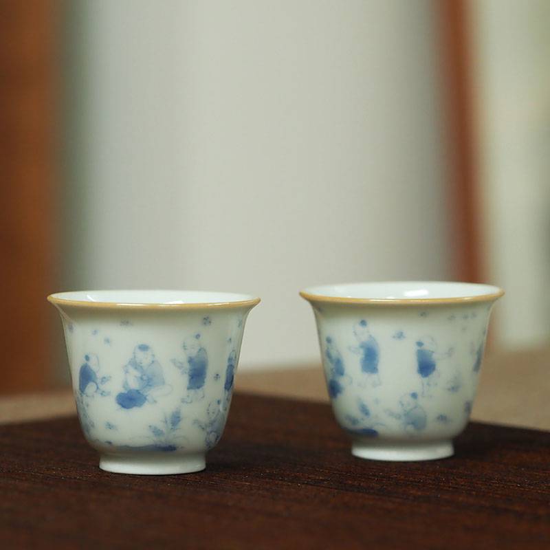传老景德镇谷雨山房青花十五童子茉莉小杯手工手绘小茶杯