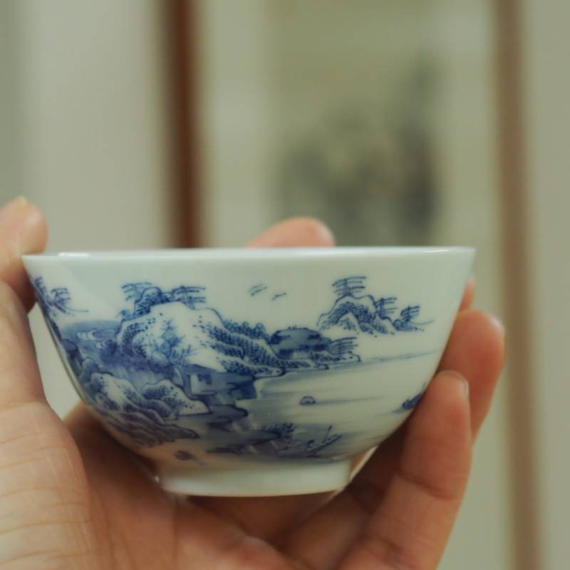 传老景德镇谷雨山房青花山水云起杯手工手绘重工薄胎茶杯