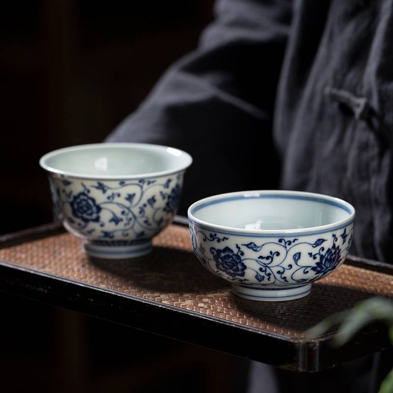 钟家窑 小茶杯 景德镇纯手工青花柴窑缠枝花纹喝茶杯子陶瓷压手杯