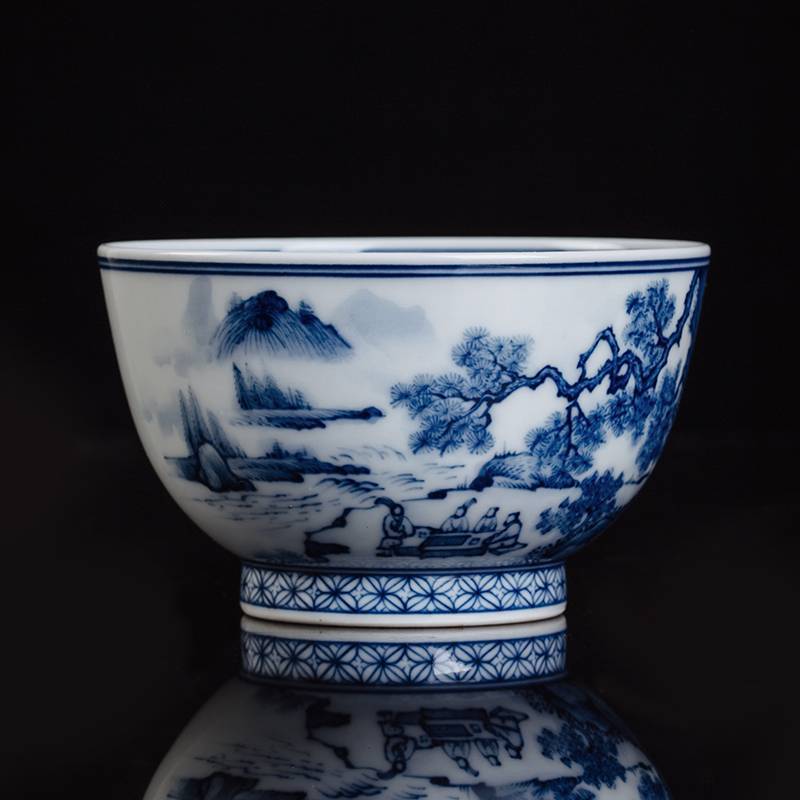 钟家窑 茶杯陶瓷单个主人杯个人品茗杯青花柴窑山水内绘写字喝茶杯