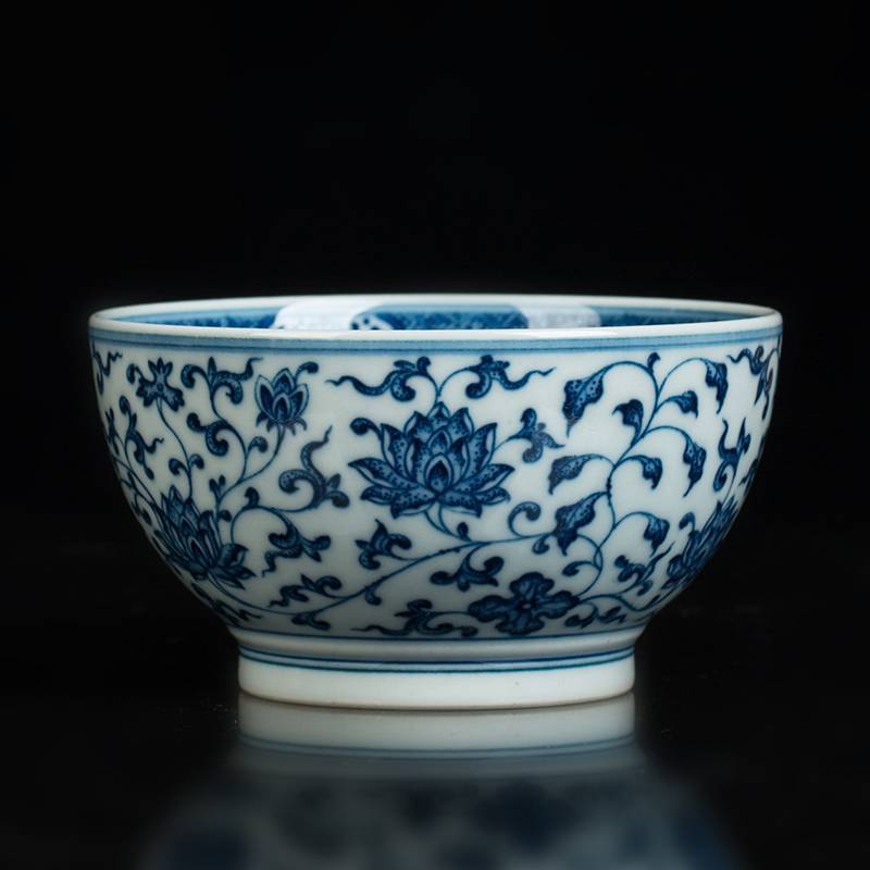 钟家窑 品茗杯单杯 景德镇手绘茶杯青花柴窑缠枝花卉纹高端主人杯