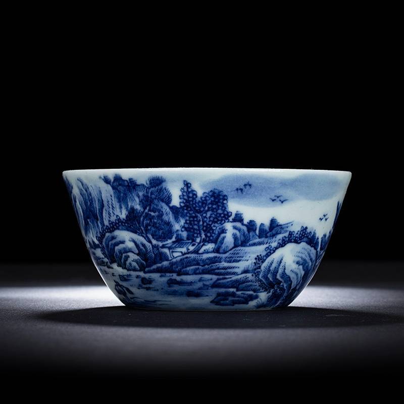 钟家窑 主人杯单杯景德镇功夫茶杯手绘柴窑青花工笔山水缸杯品茗杯