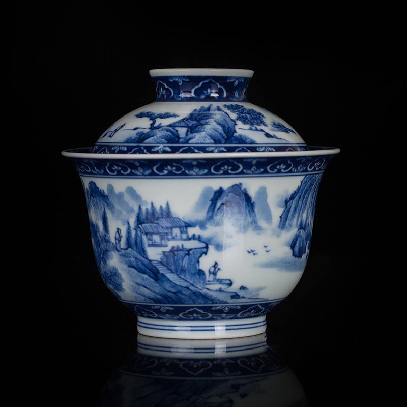钟家窑 景德镇手工手绘柴窑青花山水盖碗泡茶碗二才碗大号功夫茶具
