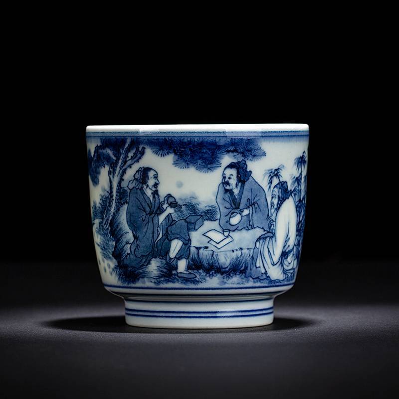 钟家窑手工陶瓷品茗杯青花陶渊明饮酒个人单杯手绘人物柴窑主人杯