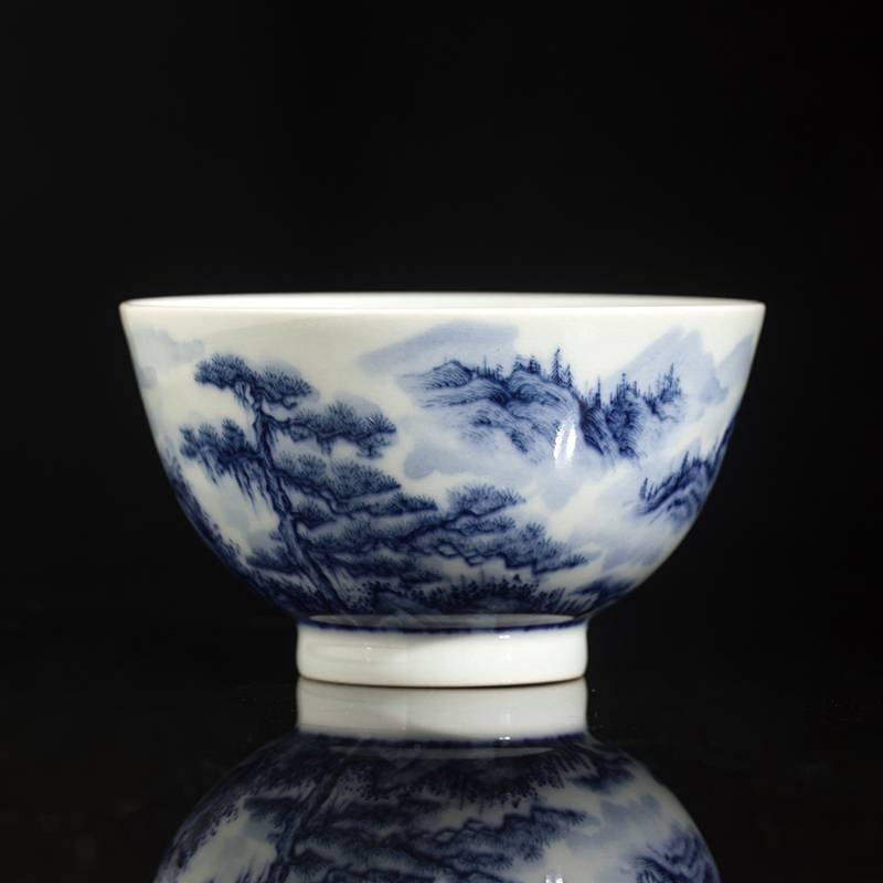 钟家窑功夫茶茶杯纯手绘柴窑青花山水主人杯品茗杯景德镇手工茶具
