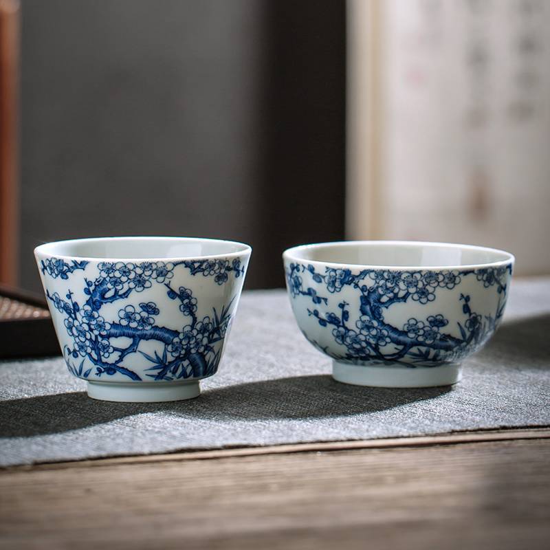 钟家窑 青花瓷杯子景德镇茶具手工青花柴烧窑主人杯单杯梅花小茶杯