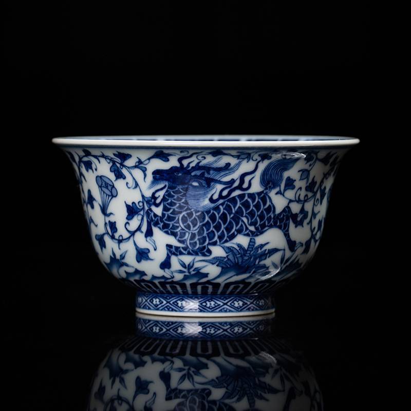 钟家窑 功夫茶杯景德镇全手工青花柴窑麒麟献瑞缠枝莲主人杯压手杯