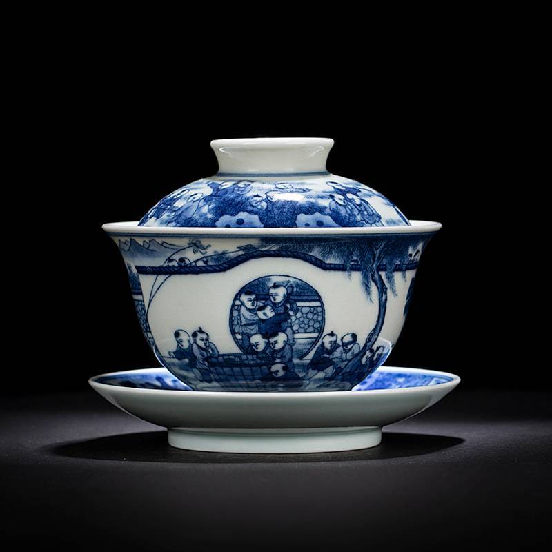 钟家窑 盖碗茶杯景德镇青花柴窑手绘仿古百子图泡茶碗三才茶杯茶具