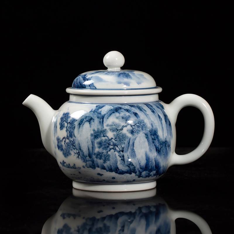 钟家窑 陶瓷茶壶景德镇纯手工青花柴窑山水瓷壶单壶家用泡茶器茶壶