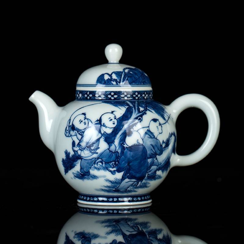 钟家窑 茶壶单壶景德镇手绘青花柴窑人物茶壶大号大容量家用泡茶壶