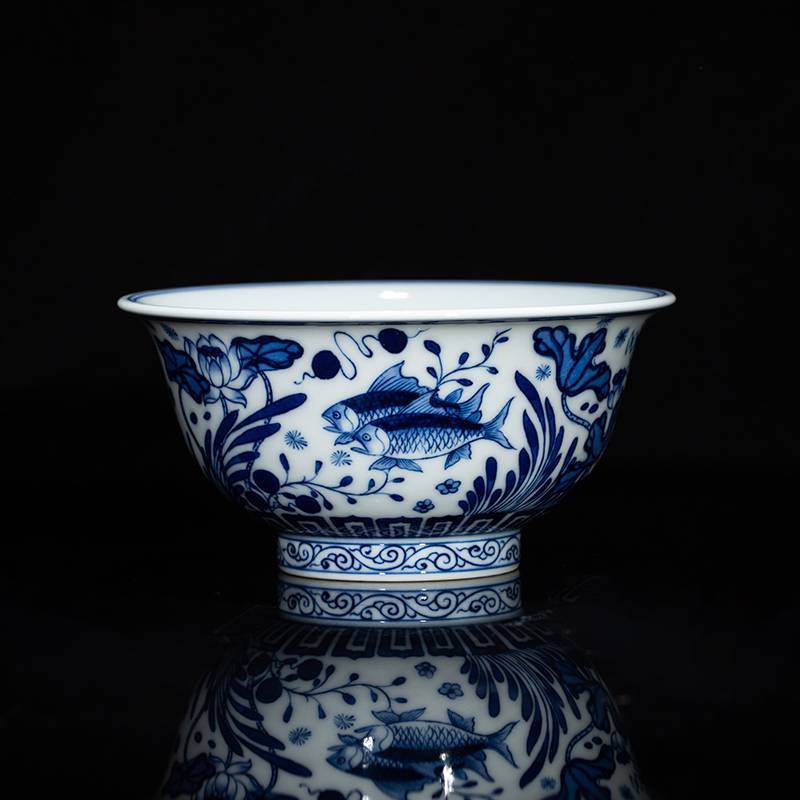 钟家窑 景德镇茶具全手绘青花柴窑鱼藻纹办公室茶杯主人杯男士单杯