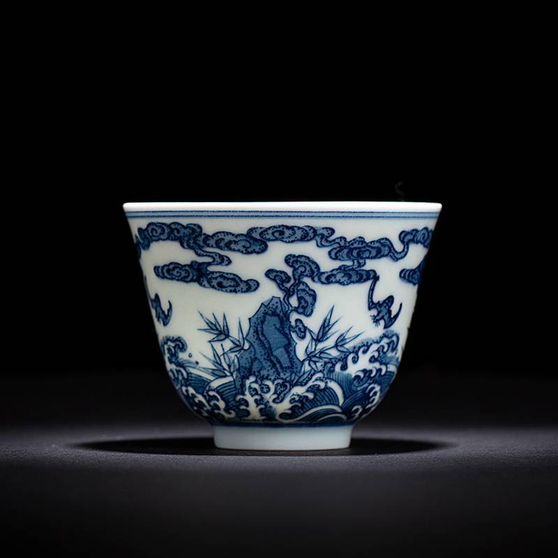 钟家窑 收藏级手造瓷器仿古青花柴窑福山寿海主人杯陶瓷品茗杯单个