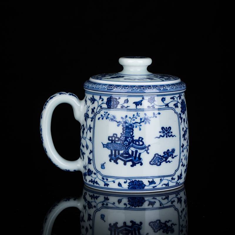 钟家窑 陶瓷茶杯 景德镇青花柴窑缠枝博古纹带盖办公杯泡茶杯带盖