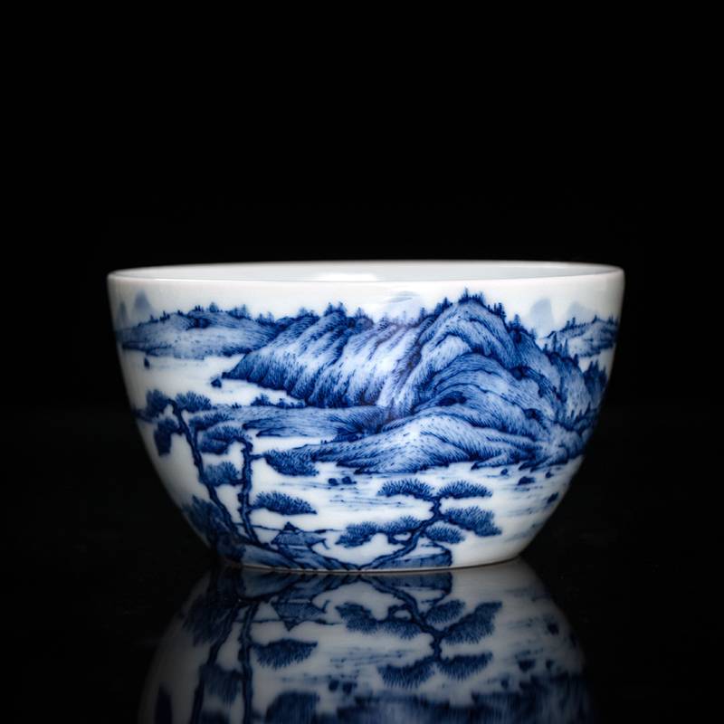 钟家窑 茶杯 主人杯单杯青花柴窑内外山水满工满画景德镇茶杯功夫