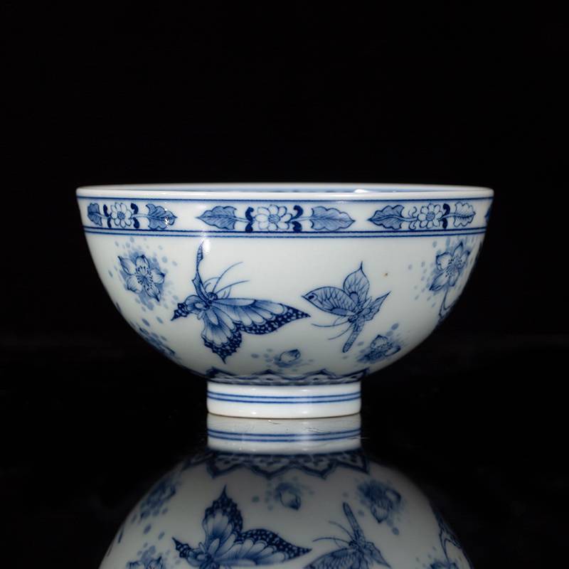 钟家窑 青花蝴蝶主人杯景德镇功夫茶茶杯手绘柴窑单杯个人品茗茶碗