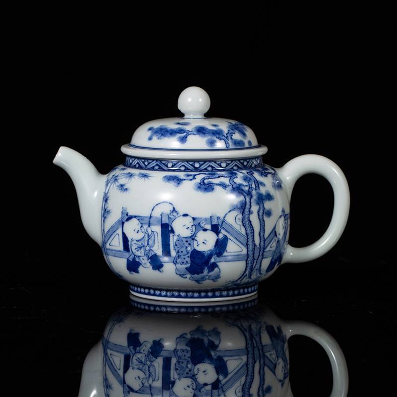 钟家窑 茶壶景德镇手绘青花柴窑九童子人物泡茶单壶中式家用大容量