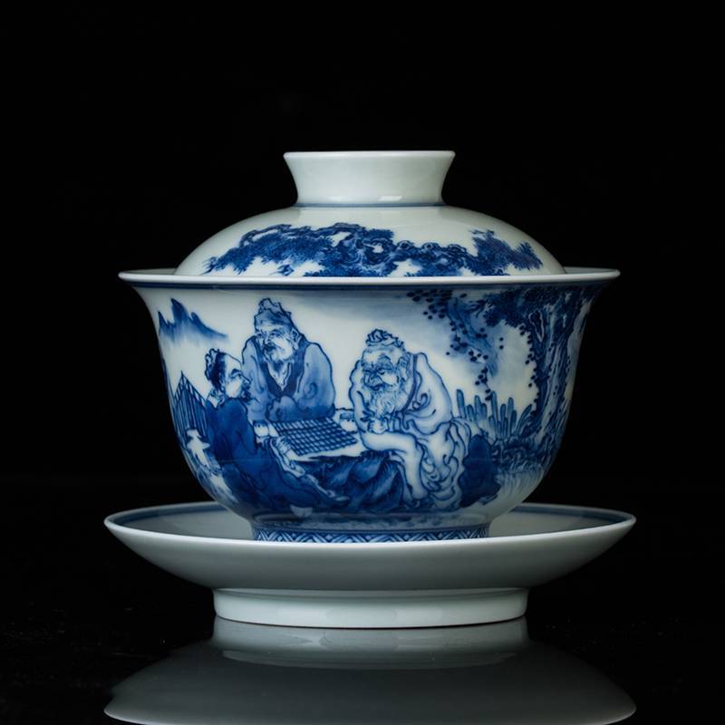 钟家窑 盖碗茶杯单个三才茶碗景德镇青花柴窑对弈图人物功夫泡茶碗