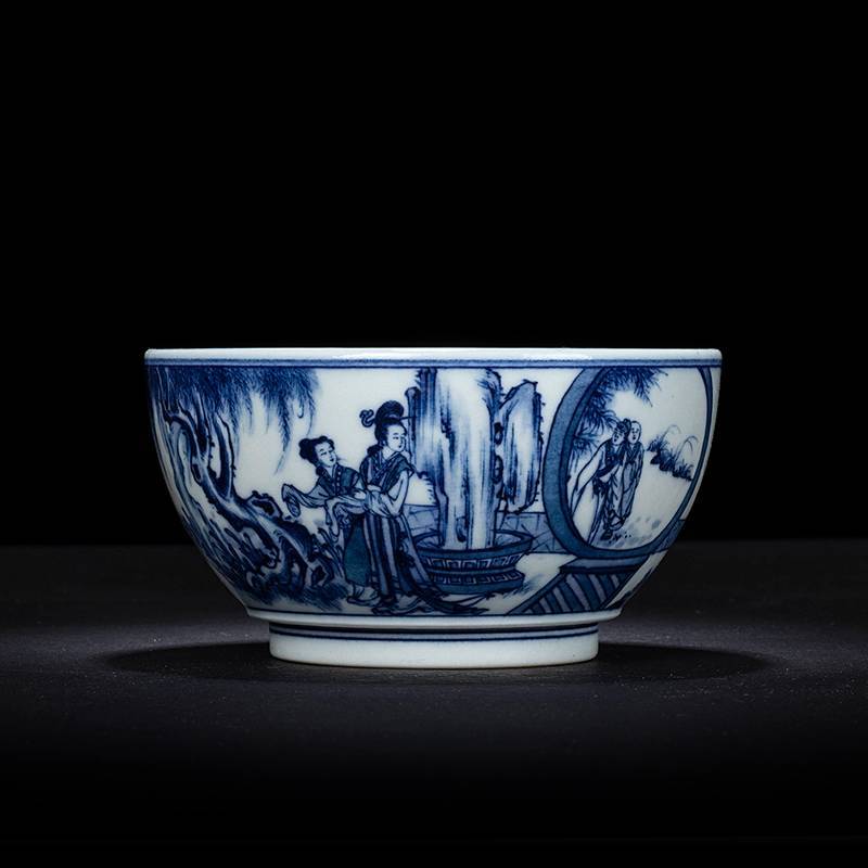 钟家窑 品茗杯纯手工手绘青花柴窑品茗杯西厢记人物陶瓷功夫茶具