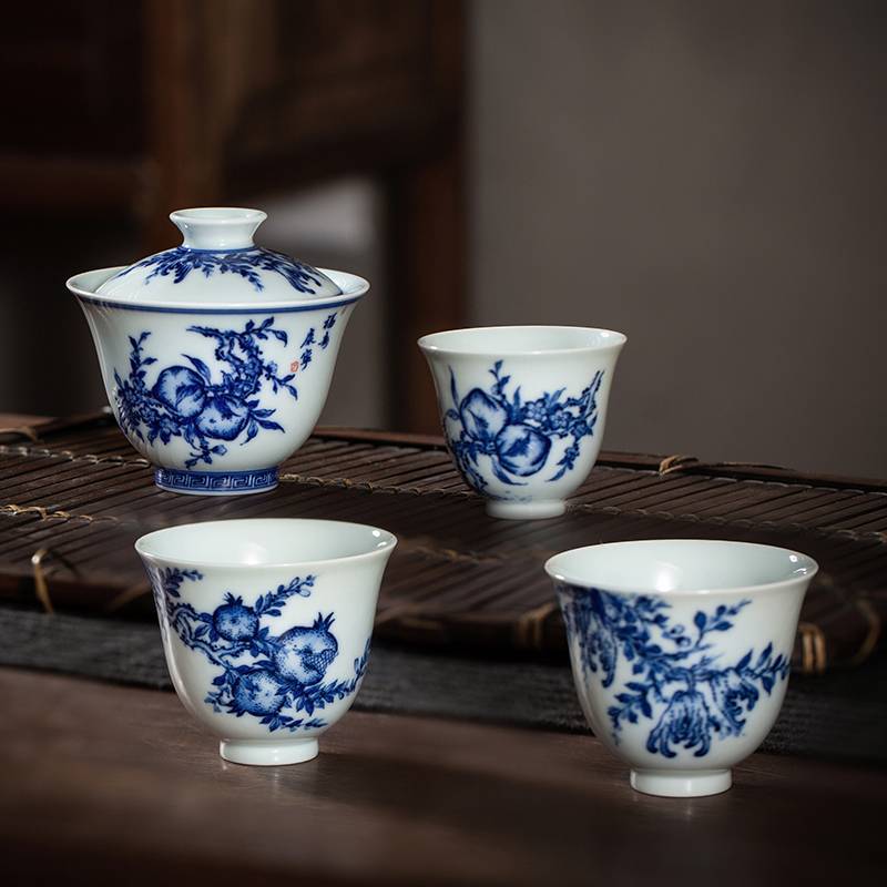 钟家窑 茶具套组 柴窑青花手绘三多纹饰盖碗套装中式功夫茶具套组