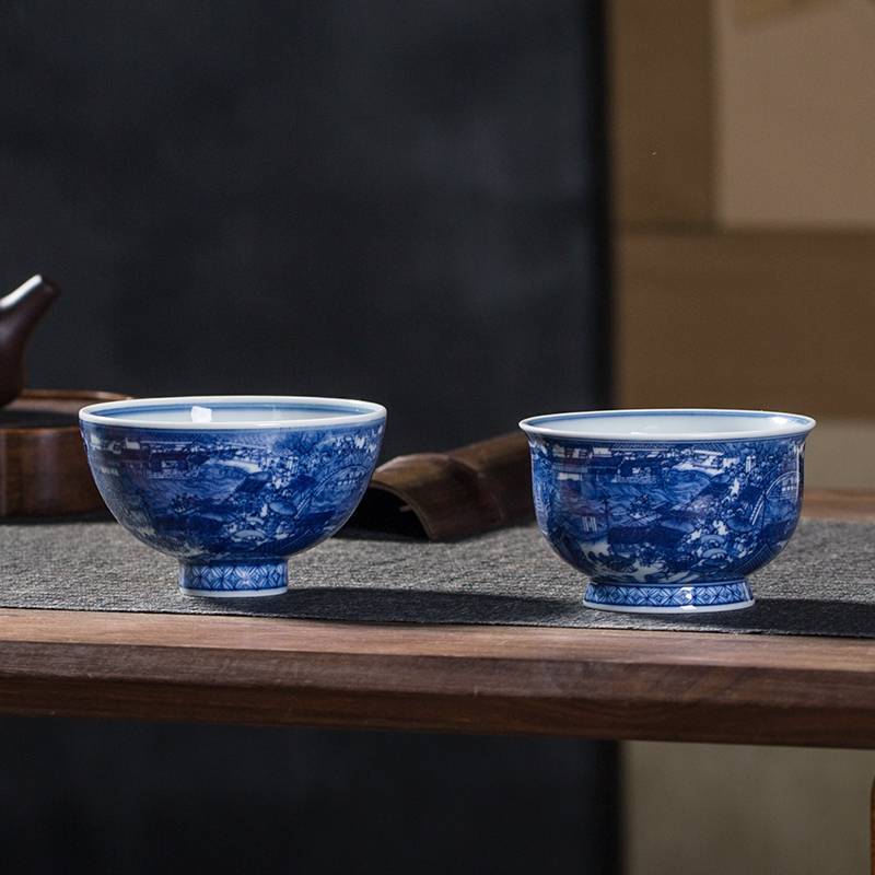 钟家窑 青花瓷茶杯 景德镇青花柴窑主人杯单杯手绘经典清明上河图