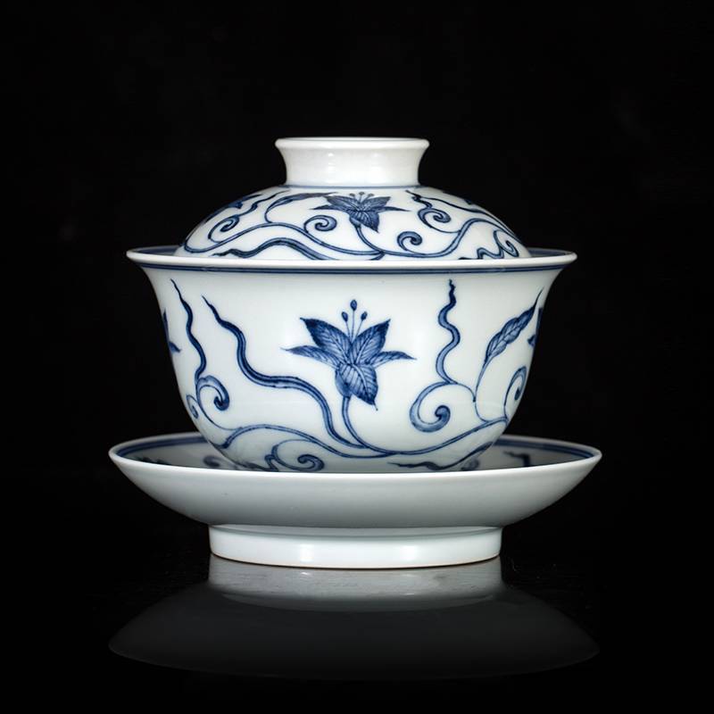 钟家窑 盖碗茶杯景德镇纯手绘柴窑青花高端陶瓷泡茶盖碗草木灰茶碗
