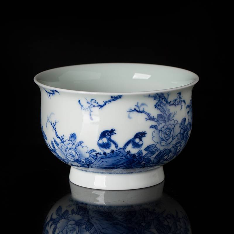 钟家窑 景德镇茶杯 青花柴窑重工满工手绘牡丹花鸟茶杯主人杯单杯