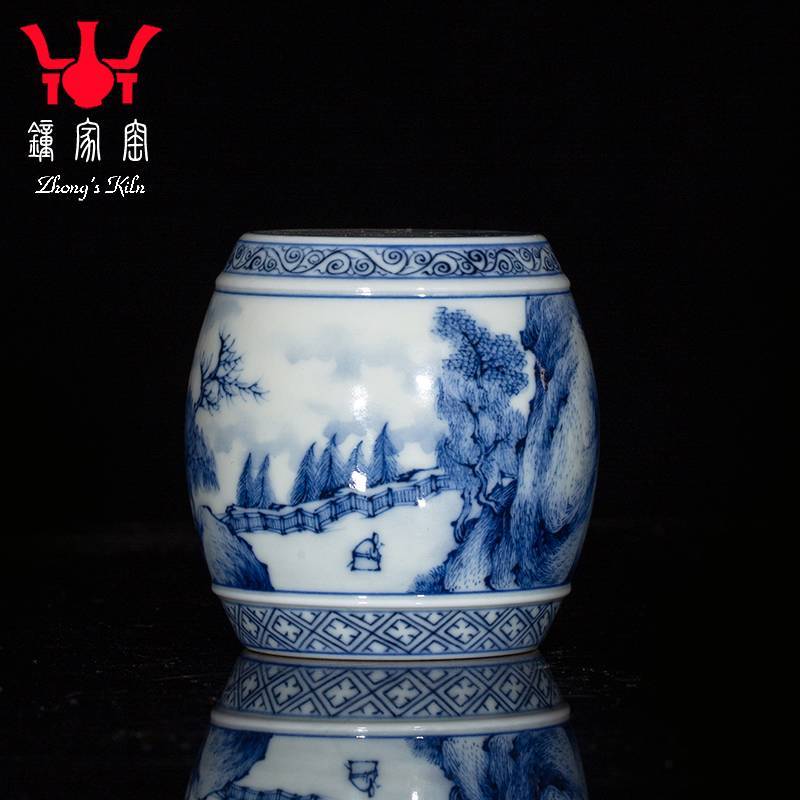 钟家窑 青花盖置 手工手绘柴窑青花山水中式腰鼓实心中式壶盖壶托