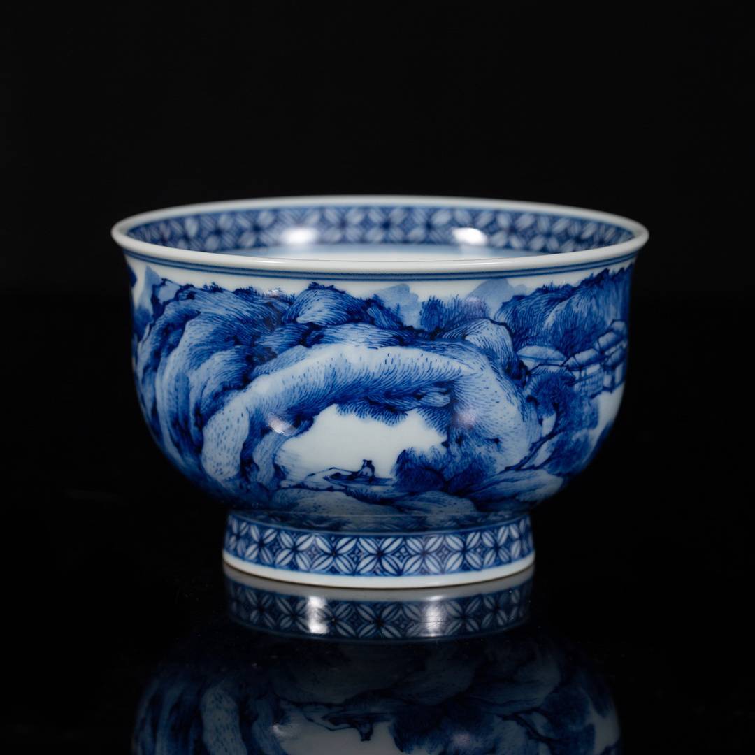 钟家窑 茶杯主人杯景德镇纯手工青花柴窑重工满工绘山水品茗功夫杯