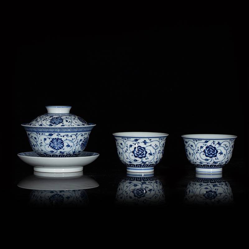钟家窑 三件套青花缠枝花纹茶具