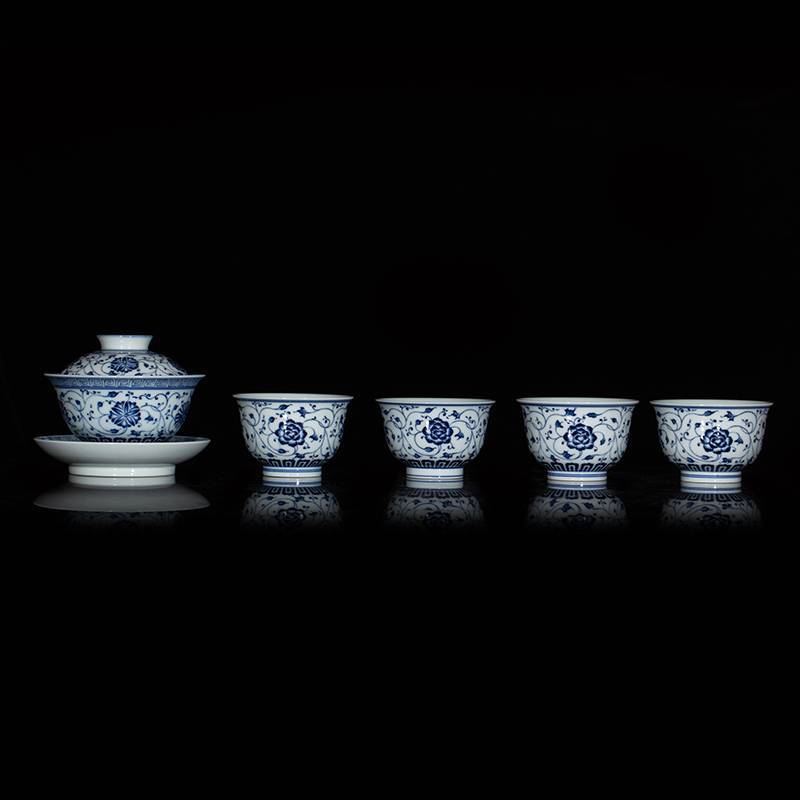 钟家窑 五件套青花缠枝花纹茶具
