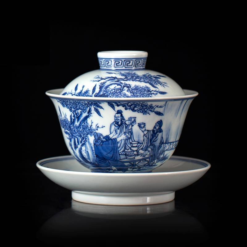 钟家窑 泡茶碗景德镇三才盖碗茶杯手绘柴窑青花人物桃园三结义茶碗