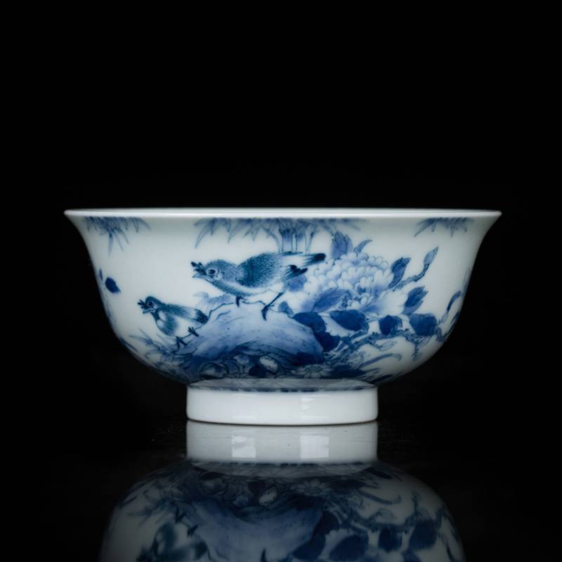 钟家窑 功夫茶杯 手绘柴窑青花花鸟纹小碗杯主人杯单杯普洱红茶杯