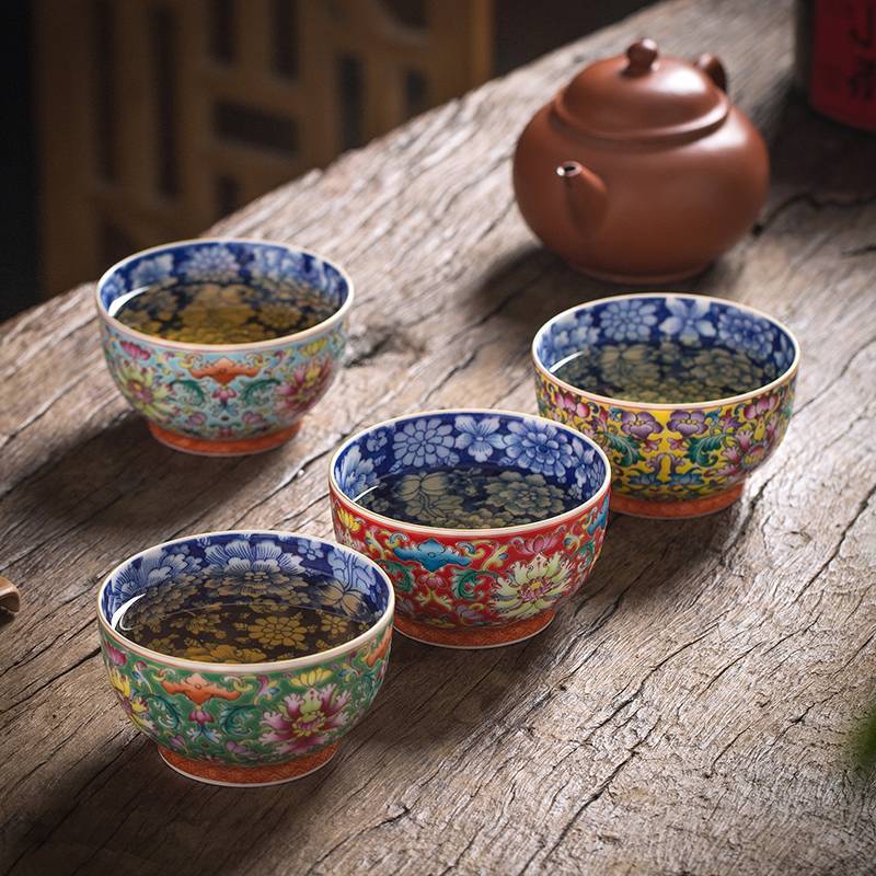 钟家窑 景德镇陶瓷手工万花青花瓷粉彩珐琅彩主人杯品茗杯单杯茶碗
