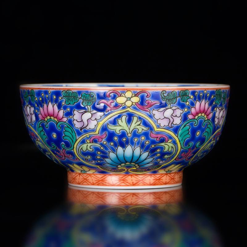 钟家窑 手绘珐琅彩杯缠枝花纹内绘青花万花主人杯全手工景德镇茶具