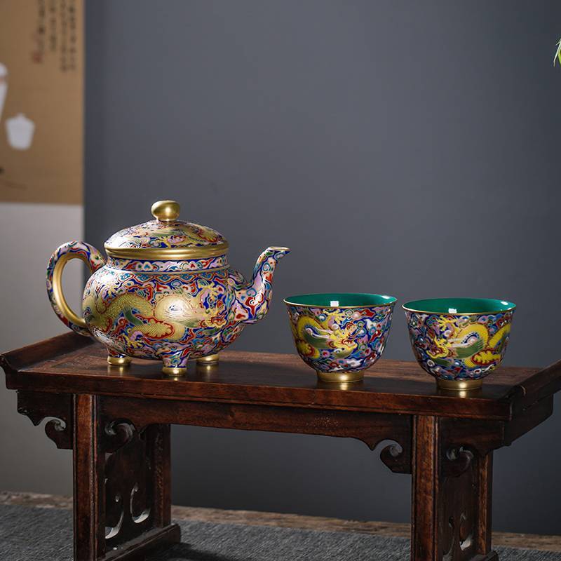 钟家窑 泡茶套装景德镇全手工瓷珐琅彩三足云龙纹一壶二杯客厅家用